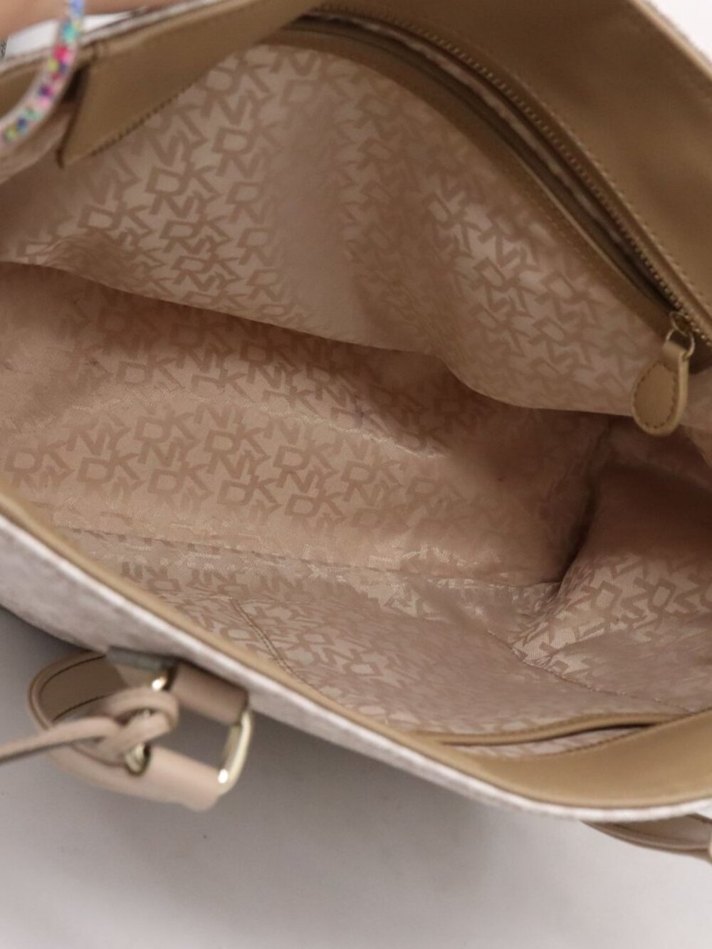 DKNY Tan / Cream Monogram Logo Satchel Tote Gold Hardware Shoulder Bag - Picture 12 of 16